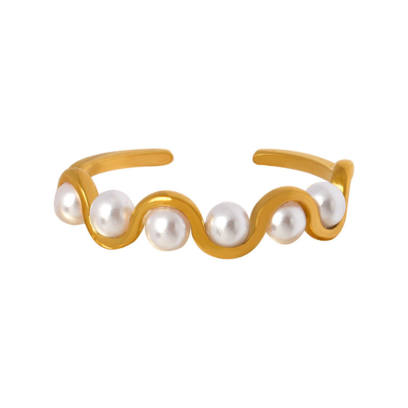 Inel Wave Pearl placat cu aur