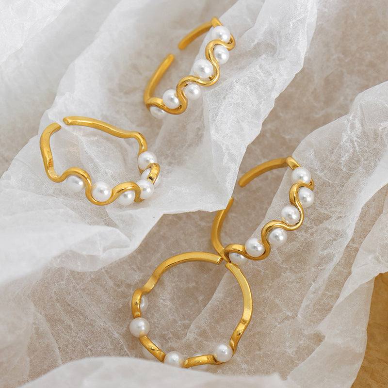 Inel Wave Pearl placat cu aur