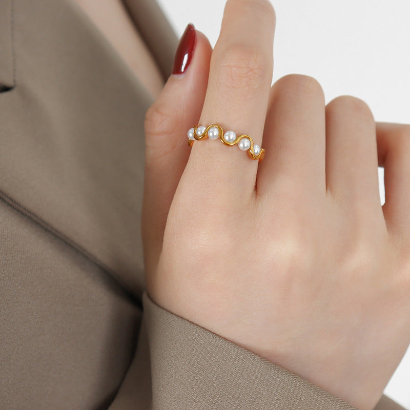 Inel Wave Pearl placat cu aur