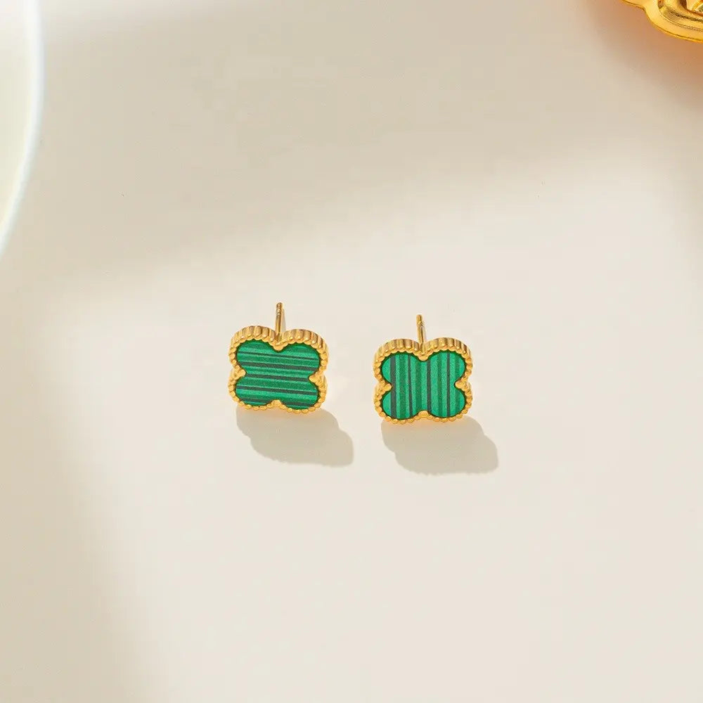 Cercei Clover Green placati cu aur de 18k